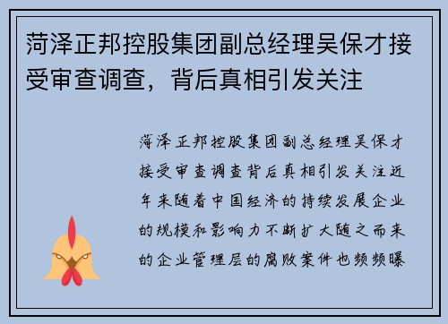 菏泽正邦控股集团副总经理吴保才接受审查调查，背后真相引发关注